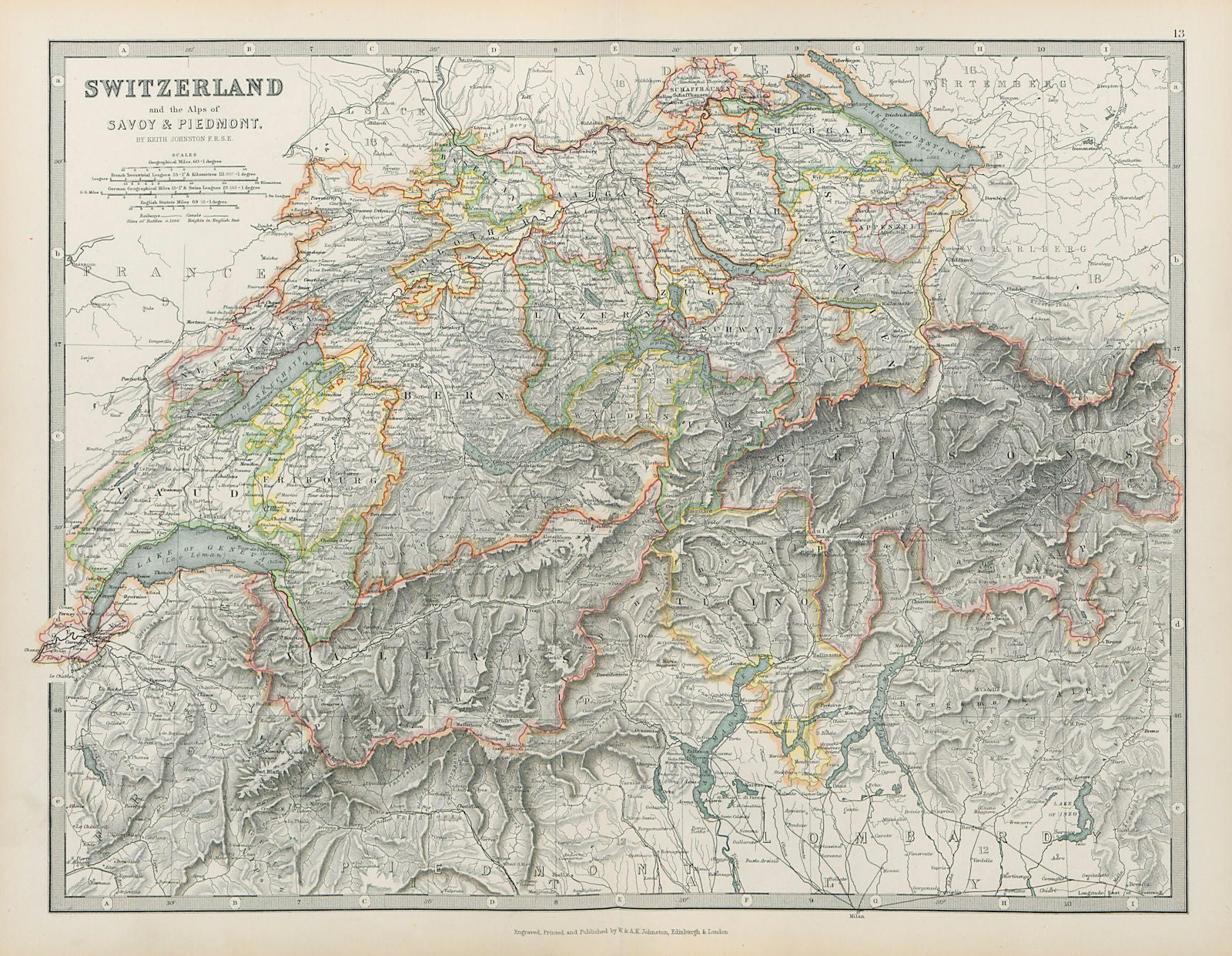 ALPS & SAVOIE Switzerland & the Alps of Savoy & Piedmont JOHNSTON 1901 old map